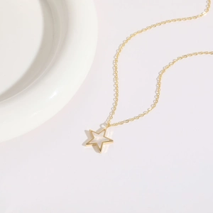 Vue détaillée d'un collier plaqué or 14K avec un pendentif étoile évidé en nacre blanche