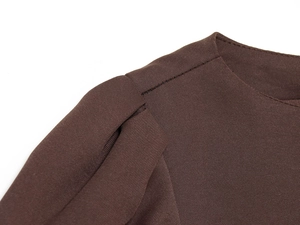 Detailed close-up of dark brown pleated crewneck and twill fabric texture on a short dress
