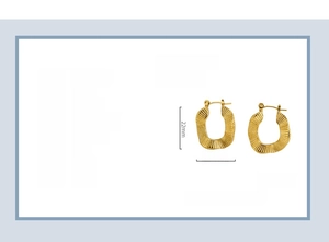 Detailed spec sheet showing 18K gold plated wavy hoop earrings in stainless steel