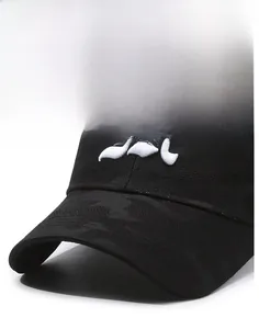 Close-up of black mesh baseball cap with premium white 3D embroidery and structured brim