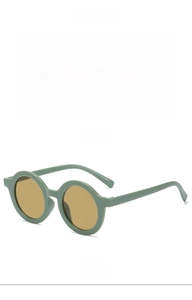 Front and side views of matte green round frame children's UV protection sunglasses