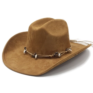 Western Cowboy Hat Retro Suede Fabric Wide Brim Sun Protection Ethnic Style Shell Wooden Beads Decor For Men Women