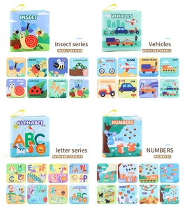 Set of 4 soft educational cloth books featuring insects, vehicles, letters, and numbers