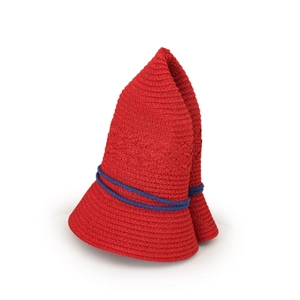 Foldable red woven sun hat detail showing flexible straw material and blue rope trim