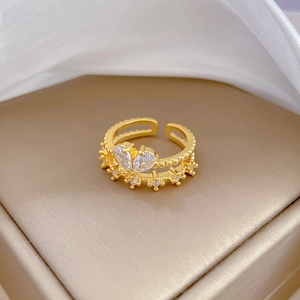 Luxurious gold adjustable butterfly zircon ring with dual heart stones and pavé accents