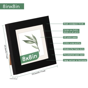 Detail of 8x8 inch black wood grain frame with white mat and botanical art print