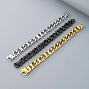Detailed view of Cuban link bracelets in silver, black, and gold finish with lobster clasps