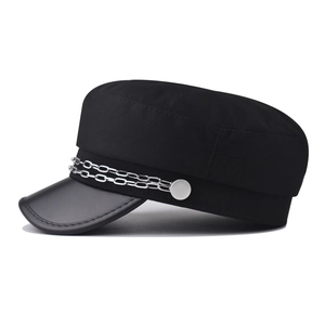 Classic black military cap with silver chain detail and leather brim on white background