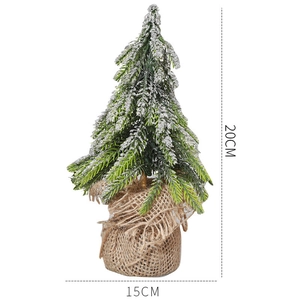 Miniature flocked Christmas tree in burlap base with size specs 20cm height and 15cm width