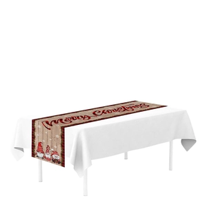 Runner da tavola natalizio con venature del legno e gnomi rossi per feste e decorazioni