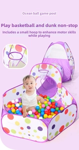Detailed view of 3-in-1 foldable kids play tent with crawl tunnel and colorful ball pit