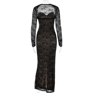 Detail of black lace long dress featuring sexy V-neck back and elegant split hemline