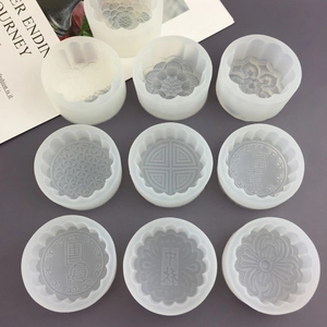 Set of 10 round silicone mooncake molds with traditional Chinese floral patterns