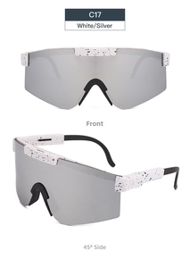 Detailed front and side views of C17 sports sunglasses with white splatter frame and silver lens