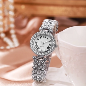 Elegant women rhinestone quartz watch with Roman numerals and dazzling crystal bezel bracelet.