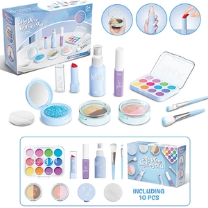 Blue 10-piece kids pretend play simulation makeup set with vanity case and toy brushes