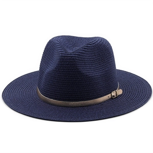 Navy blue straw fedora hat with a champagne gold metallic band for sun protection