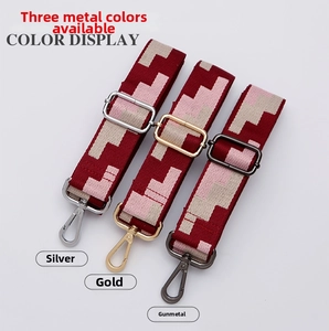 Close-up of adjustable geometric webbed bag straps with silver gold and gunmetal hardware