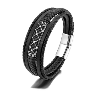 Men's multilayer black braided leather bracelet with vintage metal charm and magnetic clasp