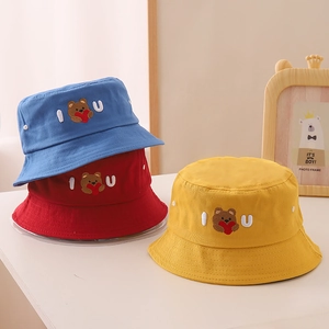 Kids cotton bucket hats with bear embroidery in royal blue, deep red, and bright yellow