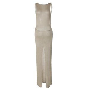 Detail of champagne mesh knit maxi dress with side slit and metallic shimmer fabric