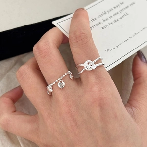 S925 sterling silver adjustable heart charm chain ring and minimalist knotted ring