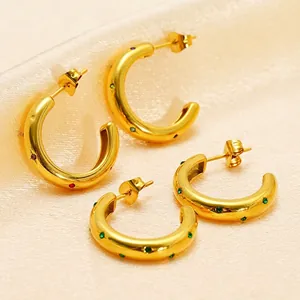 Colorful Rhinestone C Hoop Earrings 18K Gold Plated Stainless Steel Bohemian Chic Elegant Jewelry For Women