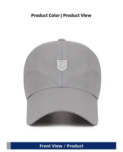 Close-up of grey breathable baseball cap with embroidered shield logo and laser-cut holes