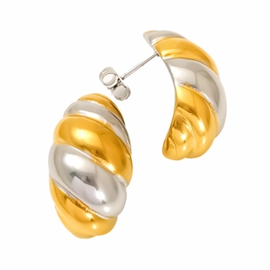 Two-tone 18K gold and silver stainless steel twisted hoop earrings with a metallic finish