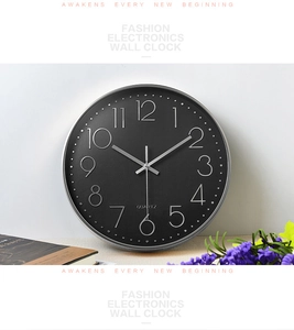 Close-up of a 30cm matte black wall clock with 3D silver numerals and quartz movement