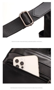 Detail of adjustable nylon shoulder strap and back anti-theft pocket for smartphone storage