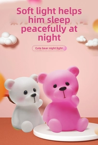Close-up of soft silicone bear night lights in white and pink for kids room decor