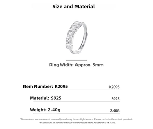 Detailed spec sheet showing S925 sterling silver ring with square zircon stones
