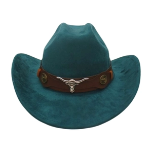 Front view of teal Western cowboy hat with brown leather band and silver bull head ornament