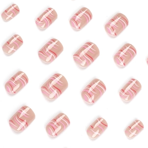 Short pink and nude press-on nails featuring cute wavy stripe patterns on square tips