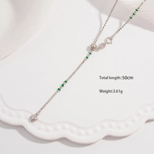 S925 sterling silver chain necklace with green round beads and small heart pendant