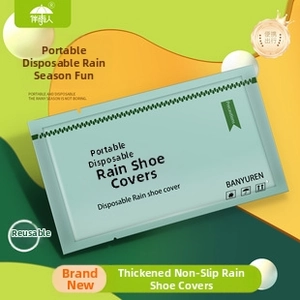 Macro detail of portable disposable thickened rain shoe covers in compact packaging