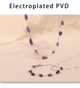 Detail showing Bohemian irregular purple amethyst stone necklace and bracelet set with silver chain