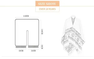 Tabella taglie poncho in maglia con dimensioni 110x140cm e dettagli sulle nappe