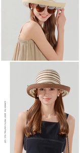 Detail view of summer knitted sun hat with striped pattern and chic French fisherman style
