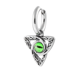 316L stainless steel hoop earrings with green dragon eye and celtic knot triangle charm