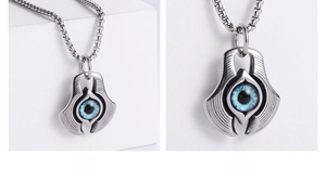 Detailed views of the evil eye pendant in steel and blue colors with radial engravings