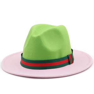 Two-tone wool fedora hat with green crown, pink brim and striped ribbon band