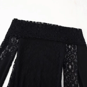 Elegant black lace off-shoulder long sleeve dress with detailed hollow-out patterns