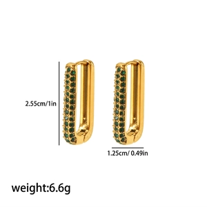 18K gold-plated U-shaped stainless steel earrings with green stones, 2.55x1.25cm size