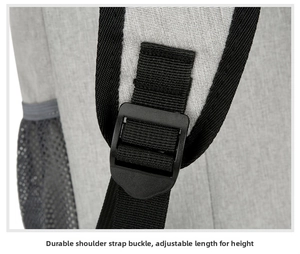 Detail of adjustable shoulder strap and durable plastic buckle on gray insulated backpack