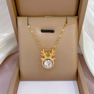Antler Pendant Necklace Gold Plated Titanium Steel Micro Pave Zircon Reindeer Jewelry For Women Elegant Stylish