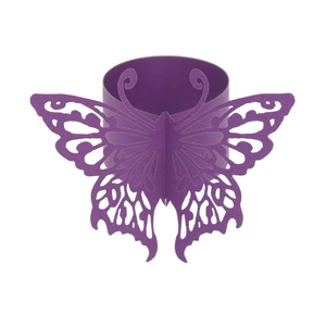 Close-up of purple laser-cut paper napkin rings in an elegant butterfly shape for tables