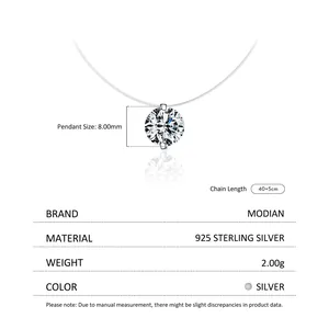 Collier avec pendentif solitaire en argent sterling 925, zircon 8mm et chaîne invisible