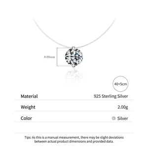 Collier avec pendentif solitaire en argent sterling 925, zircon 8mm et chaîne invisible